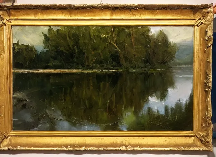 Image similar to palette knife, impasto oil painting of silent calm lake shore by cordelia wilson, thick paint brush strokes, art by anders zorn, wonderful masterpiece by greg rutkowski, beautiful cinematic light, american romanticism by greg manchess, creation by tyler edlin