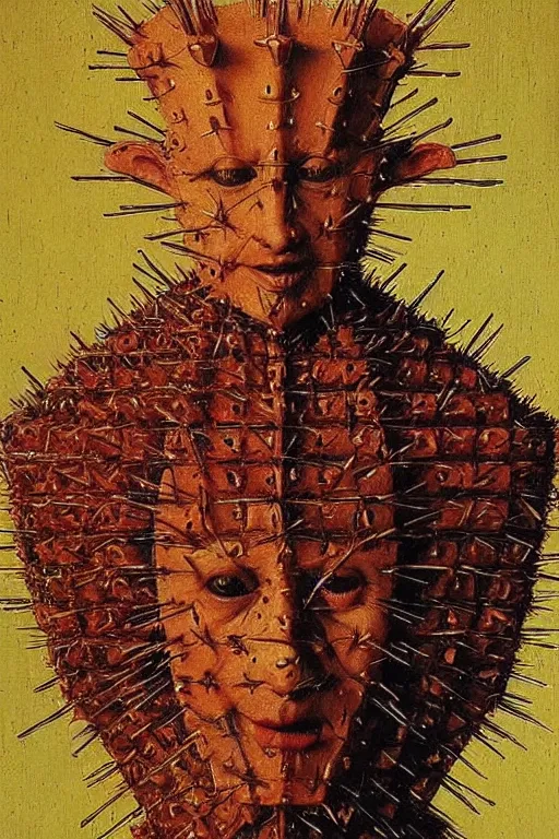 Image similar to portrait of pinhead hellraiser, oil painting by jan van eyck, northern renaissance art, oil on canvas, wet - on - wet technique, realistic, expressive emotions, intricate textures, illusionistic detail