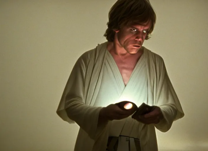 Image similar to single portrait of Luke skywalker uncovering the glowing ancient jedi texts. a hazy ethereal ancient Jedi cathedral, screenshot from the 1983 film Holy Mountain, directed by Jordowsky, Photographed with Leica Summilux-M 24 mm lens, ISO 100, f/8, Portra 400, kodak film, anamorphic lenses