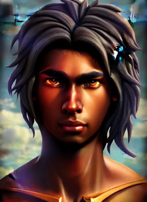 Image similar to An epic fantasy comic book style portrait painting of a young dark skinned long haired boy peasant with intelligent eyes, unreal 5, DAZ, hyperrealistic, octane render, cosplay, RPG portrait, dynamic lighting