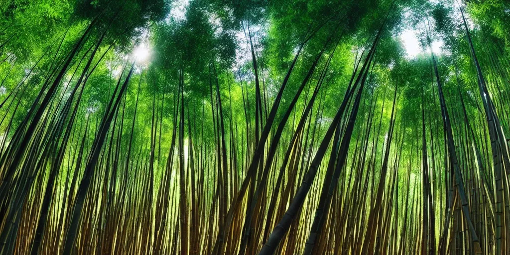 Image similar to ultra wide angle matte painting of the shunan bamboo forest in china, majestic!!! beautiful!!!, ethereal!!! ultra realistic, golden hour, volumetric lighting, sharp focus