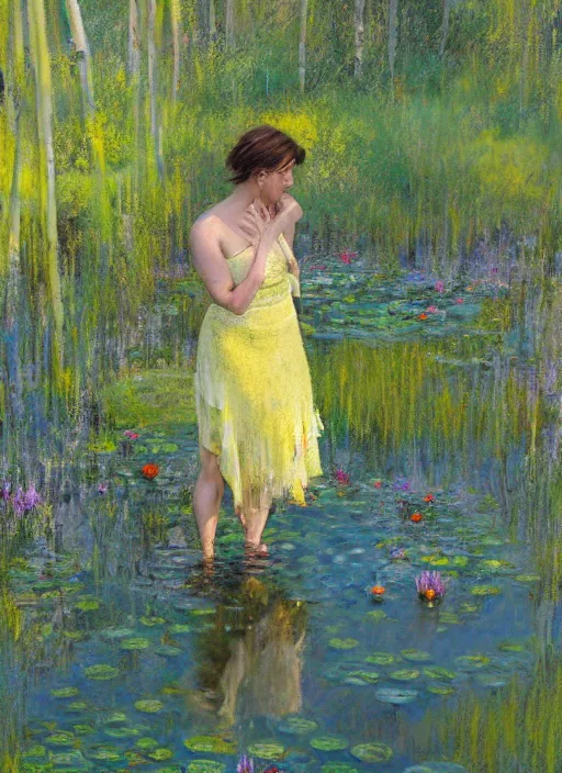 Prompt: full body portrait of a beautiful woman wading knee height in a shallow pond, obscured by water lilies, aspen grove in the background, by Jeremy Mann, stylized, detailed, loose brush strokes, pastel colors, green and yellow tones