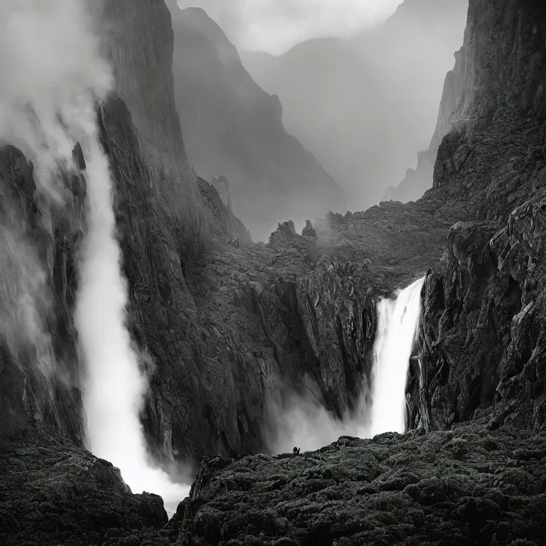 Prompt: dark and moody photo by ansel adams and pedar balke and wayne barlow, a giant tall huge woman in an extremely long white dress made out of smoke, standing inside a green mossy irish rocky scenic landscape, huge waterfall, volumetric lighting, backlit, atmospheric, fog, extremely windy, soft focus