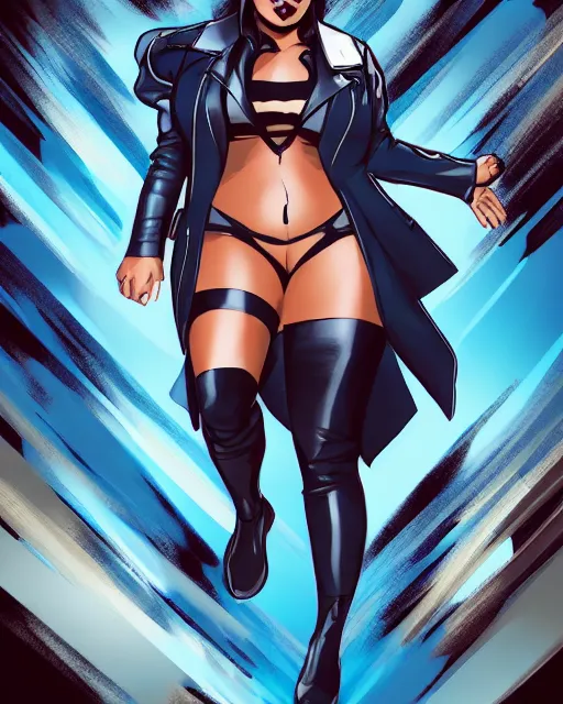Prompt: thick chubby filipina superhero, long black trench coat, sunglasses, sly grin, fully clothed, exaggerated perspective, flying toward camera, beautiful detailed face, electric - blue hair, action pose, comic book style, highly detailed, dynamic shadows, dynamic lighting, geoff johns, jason fabok, jason fabok, brad anderson, splash art