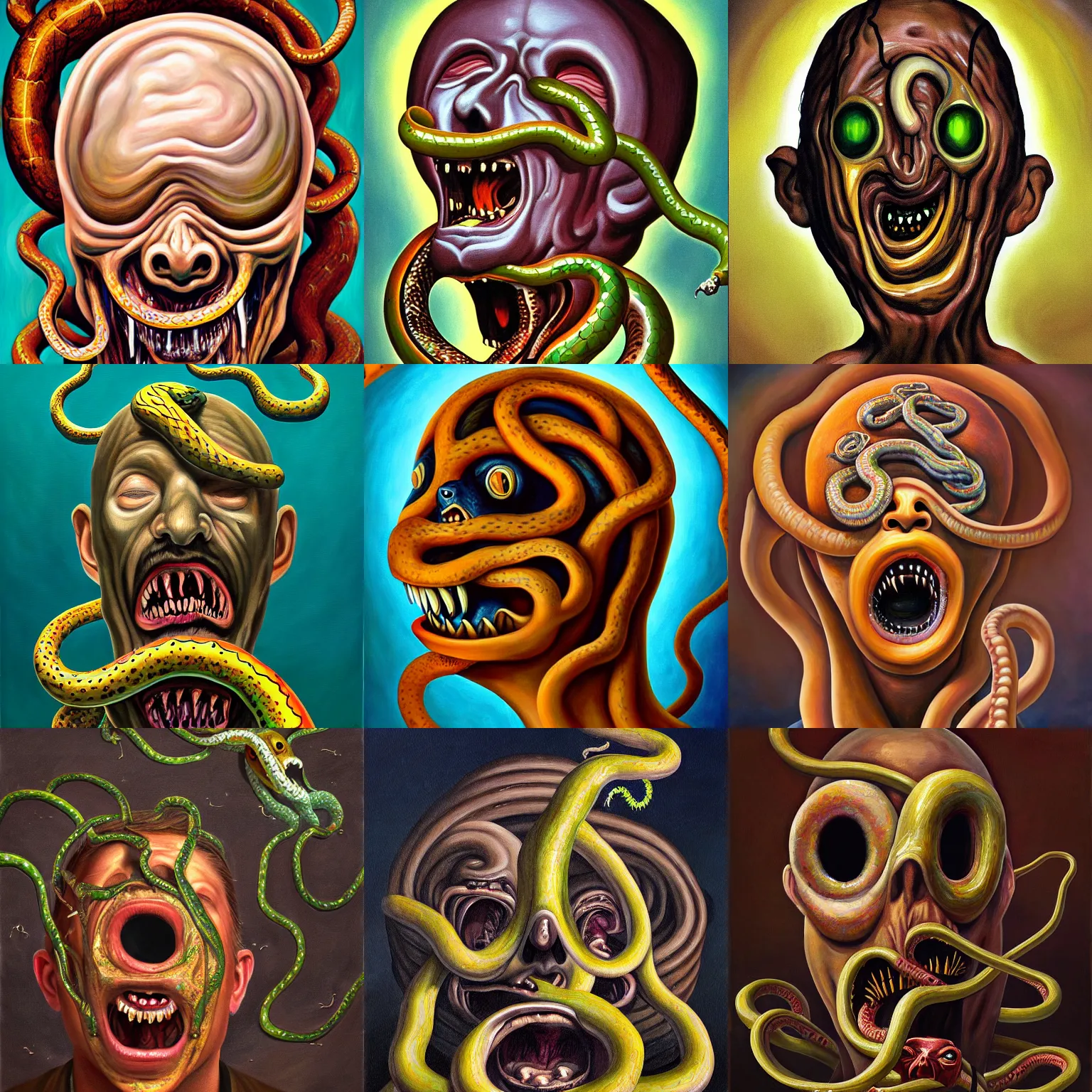 Prompt: a painting of a decapitated screaming man's face with snakes slithering out of a hole in his forehead, a surrealist painting, polycount, surrealism, surrealist, lovecraftian, cosmic horror