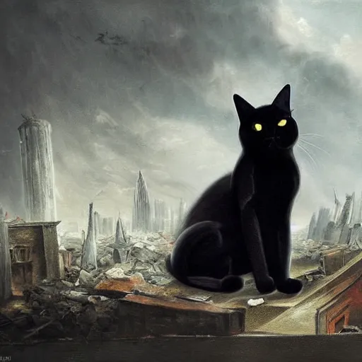 Prompt: a black cat looking at a destroyed city, by karcz, michal