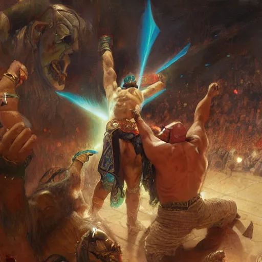 Image similar to the iron sheik breaking hulk hogan's back, radiant light, caustics, heroic, bright iridescent light, by gaston bussiere, bayard wu, greg rutkowski, maxim verehin, epic wrestling combat, legendary