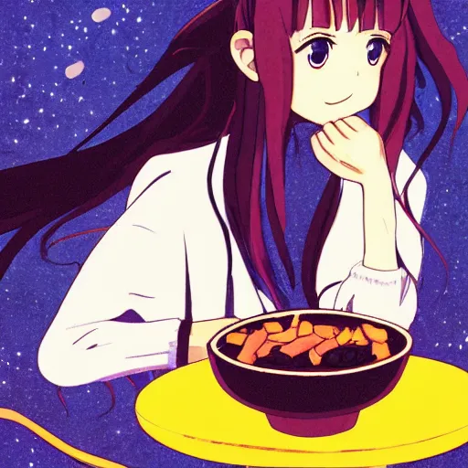 Image similar to a beautiful anime woman eating a bowl of worms, digital art, ghibli, night