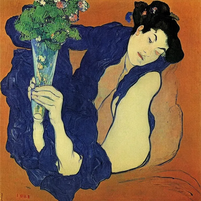 Image similar to woman with painted vase with vase. deep dark indigo blue. henri de toulouse - lautrec, ferdand hodler, egon schiele, gauguin, utamaro