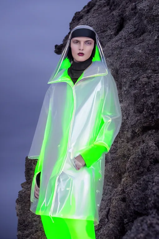 Image similar to an ultra high definition professional high fashion portrait studio full length photograph of a model wearing a transparent pearlescent raincoat and neon visor in an icelandic black rock environment at dawn. no artefacts. extremely detailed. stark. refraction. shallow depth of field. volumetric light and shadow. ray tracing. light rays.