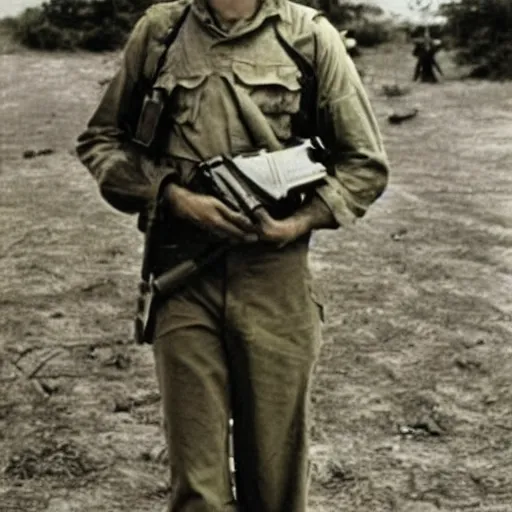 Image similar to “Tom Hanks as a soldier in Vietnam, historical photograph, award winning”