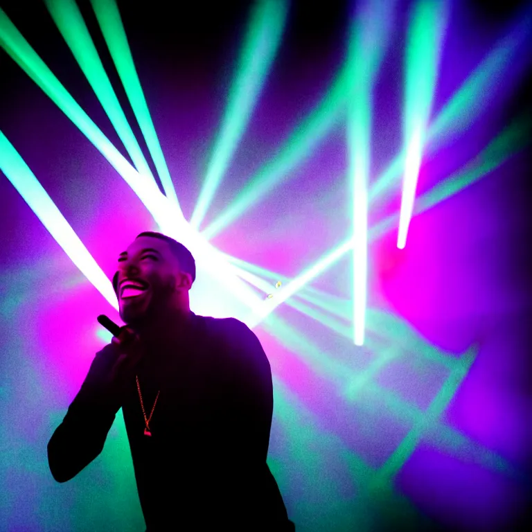 Prompt: rapper laughing into microphone, epic angle, profile view, silhouetted, distinct, psychedelic hip-hop, laser light show, beams of light