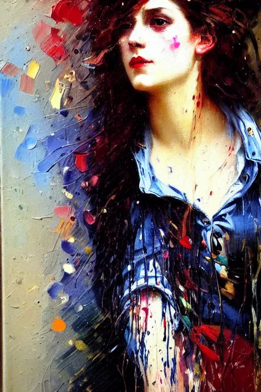 Prompt: impressionist brushstrokes spatter drips!!!! solomon joseph solomon and richard schmid and jeremy lipking victorian loose genre loose painting full length portrait painting of a young beautiful woman punk rocker