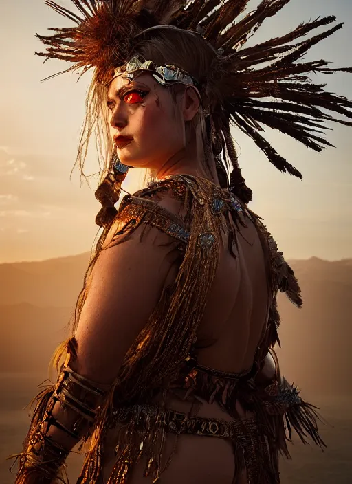 Image similar to hyper realistic photography portrait of coachella burningman pagan medieval tribal festival warrior curvy partygirl face cinematic, greg rutkowski