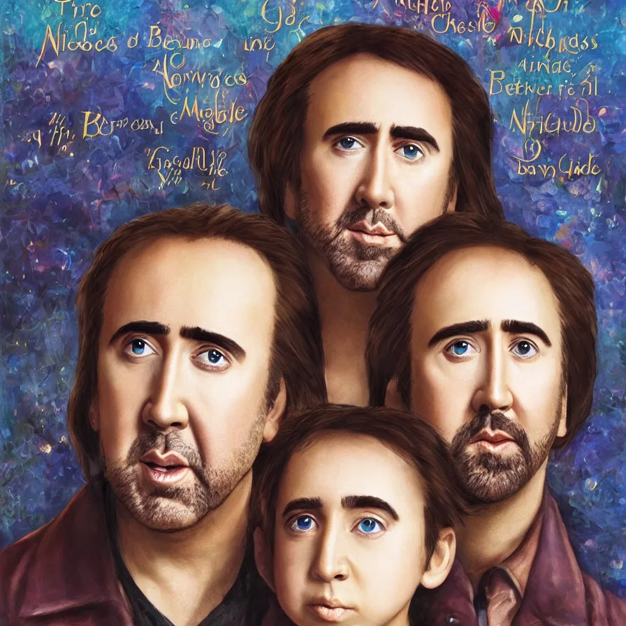 Image similar to a beautiful Nicolas Cage with large eyes and small nose, children\'s book cover