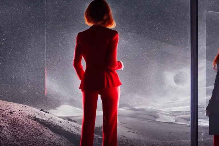 Prompt: a still from the move 2 0 4 9 depicting a beautiful young redheaded businesswoman in a tailored red suit staring out of a plate glass window. outside is the surface of the moon, mining operations are visible. sci fi, futuristic, cinematic, soft lighting