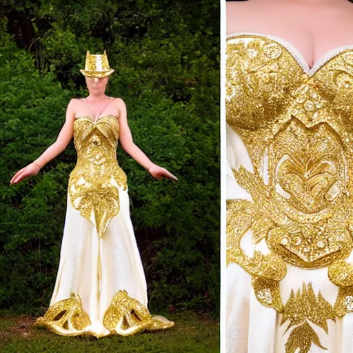 Image similar to Dress photo shoot, full body, wide-shot, head to toe, Ivory carving, gold, glitter, bizarre fashion design,