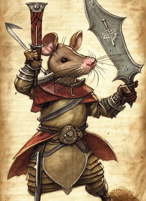 Prompt: a heroic mouse knight with sword and shield on a parchment background, redwall, greg rutowski and jean baptiste monge, detailed, epic fantasy concept art, full body