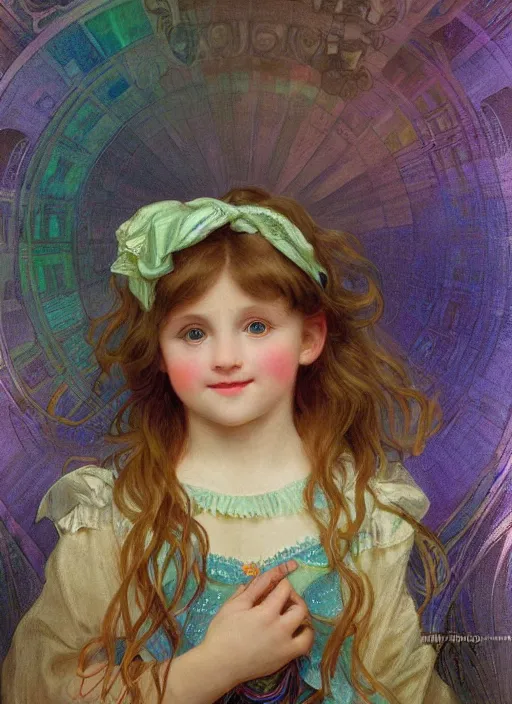 Prompt: a cute little girl with a round cherubic face, blue eyes, and short wavy light brown hair smiles as rainbow colors swirl all around her, chromatic light, rainbow shift. she is wearing a turquoise dress. beautiful painting with highly detailed face by alphonse mucha and artgerm and greg rutkowski