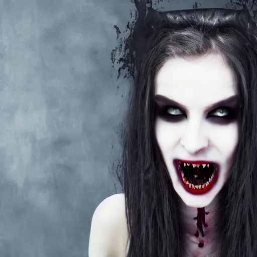 Image similar to a female vampire showing her fangs, gothic, horror, 4K, cinematic