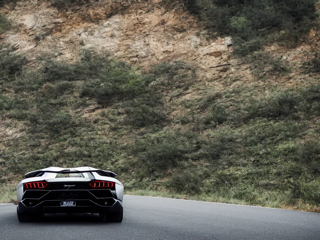 Image similar to a rear shot of a lamborghini aventador with lights on a mountain road, motion blur, 3 5 mm photography, car photography, clean lines, realistic