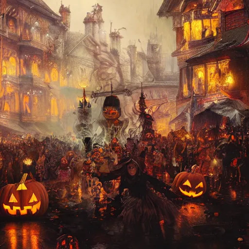 Image similar to halloween festival with colorful fireworks, 8 k octane beautifully detailed render, post - processing, extremely hyper - detailed, intricate, epic composition, cinematic lighting, masterpiece, trending on artstation, masterpiece, stunning art by anders zorn, wonderful masterpiece by greg rutkowski, beautiful cinematic