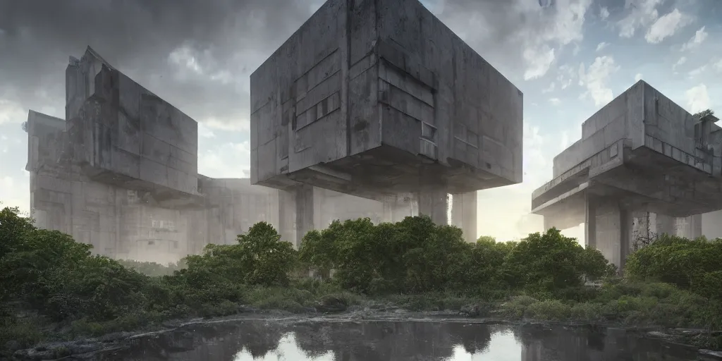 Prompt: brutalist architecture, a stunningly detailed building, surrounded by lush green forest, ponds of water, stunning volumetric lighting, sunset, metal, concrete, stunning skies, trending on Artstation, 8k, photorealistic, hyper detailed, unreal engine 5, IMAX quality, cinematic, epic lighting, in the style of Greg Rutkowski