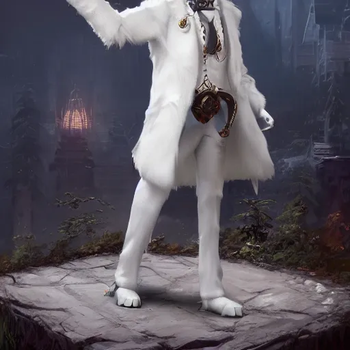 Prompt: white anthropomorphic lynx in victorian white man suit and white fur coat, lynx face, full body with cat paws by craig mullins and noriyoshi ohrai, unreal engine character, furry art, steampunk fantasy style, 4 k, trending on artstation