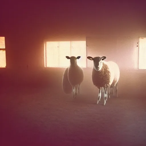 Prompt: sheep in a burning room, cinestill 800t 50mm, photography