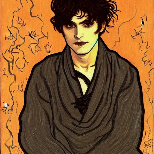 Image similar to painting of young cute handsome beautiful dark medium wavy hair man in his 2 0 s named shadow taehyung at the halloween pumpkin jack o'lantern party, depressed, melancholy, autumn, japan, elegant, clear, painting, stylized, delicate, soft facial features, delicate facial features, soft art, art by alphonse mucha, vincent van gogh, egon schiele