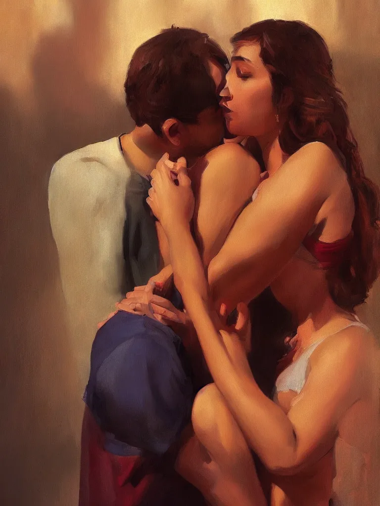 Prompt: masterpiece painting by salman toor, of a solo individual portrait of a guy and a girl kissing, cinematic light, renaissance, atmospheric effects, artstation