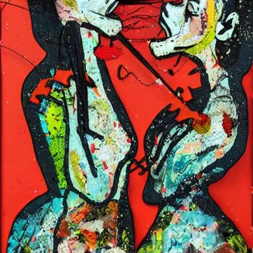 Image similar to two lobster women kissing at a carnival, mixed media collage, retro, paper collage, magazine collage, acrylic paint splatters, bauhaus, abstract claymation, layered paper art, sapphic visual poetry expressing the utmost of desires by jackson pollock