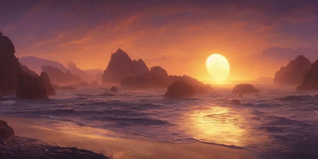 Prompt: illustration of the shore on a beautiful morning, Pixar and Disney animation, sharp, Rendered in Unreal Engine 5, art by Greg Rutkowski, Bloom, dramatic lighting, sunrise