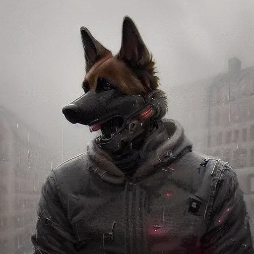 Prompt: new york city portrait of furry anthro anthropomorphic german shepard head animal person fursona wearing clothes strange cybernetic augmentations muzzle dystopian gloomy dark sad rainy cyberpunk digital art by Greg Rutkowski, Simon Stalenhag, trending on Artstation, CGSociety