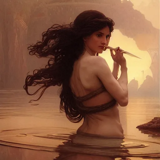 Prompt: maiden on the river styx, intricate, elegant, highly detailed, digital painting, artstation, concept art, smooth, sharp focus, illustration, art by artgerm and greg rutkowski and alphonse mucha and william - adolphe bouguereau