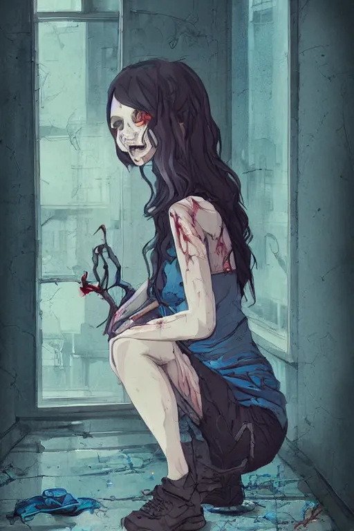 Image similar to urban school zombie girl in tattered clothes crouching in a corner fanart, dark blue long hair, muted colors, matte print, pastel colors, ornate, digital art, cute smile, digital painting, fan art, elegant, pixiv, by Ilya Kuvshinov, by Studio Ghibli