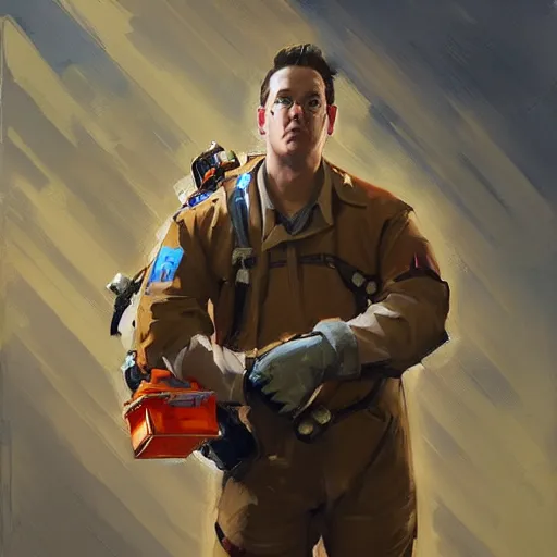 Image similar to greg manchess portrait painting of partially armored ghostbuster peter venkman overwatch character, medium shot, asymmetrical, profile picture, organic painting, sunny day, matte painting, bold shapes, hard edges, street art, trending on artstation, by huang guangjian and gil elvgren and sachin teng