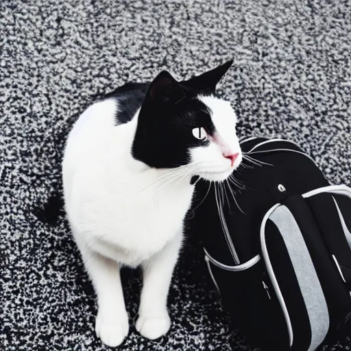 Prompt: photo of black and white cat laying on backpack