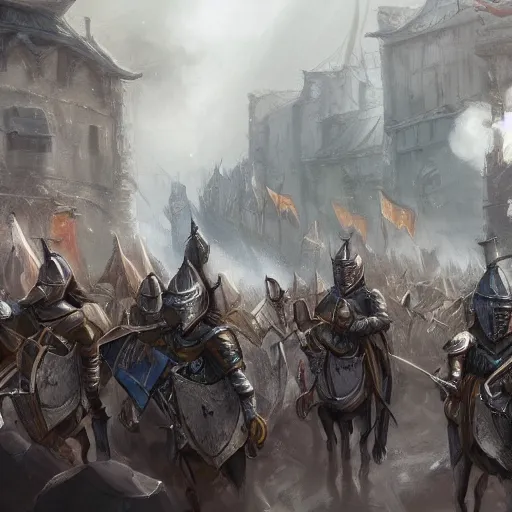 Prompt: Concept art of a group of knights marching through a town, hyper realistic art style, outstanding visuals, wide shot, foggy, fantasy inspired, extreme detail, award winning