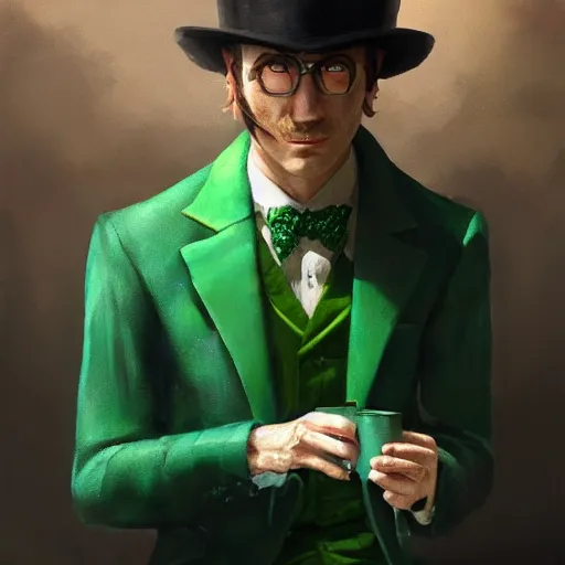 Image similar to man, Wearing green suit, Wearing green tophat, wearing purple undershirt, wearing shades, drinking tea, by Viktor Antonov,, greg rutkowski, fantasy, D&D, trending on artstation, smooth, sharp focus