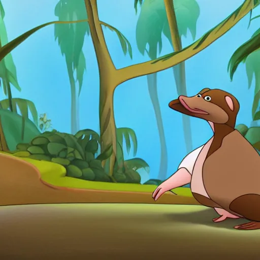 Image similar to a disney animated cartoon of a friendly platypus