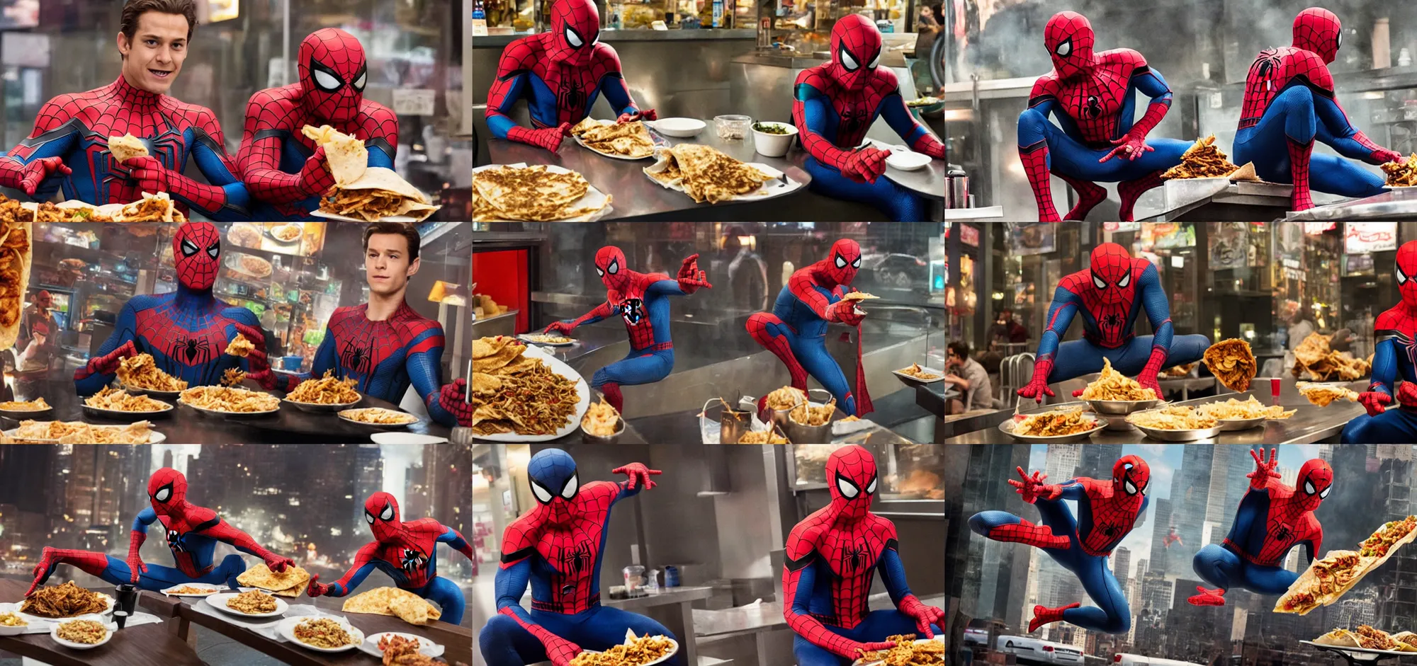 Prompt: Spider-Man eating a shawarma The Avengers Movie scene