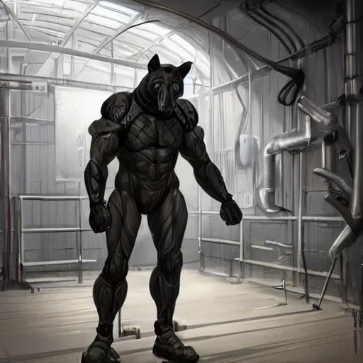 Prompt: a massively muscled black - coated anthro horse supersoldier wearing tactical kevlar fabric in a research facility, bursting with muscles, highly detailed, furry, furaffinity, digital painting, artstation, sharp focus, smooth, concept art, illustration, art by artgerm, greg rutkowski