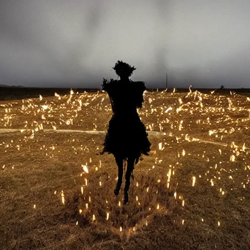 Prompt: The sculpture depicts a woman standing in a field of ashes, her dress billowing in the wind. Her hair is wild and her eyes are closed, and she seems to be in a trance-like state. The sculpture is dark and atmospheric, and the ashes in the field seem to be almost alive, swirling around. colorful lighting by Fabian Perez, by George Herriman threatening