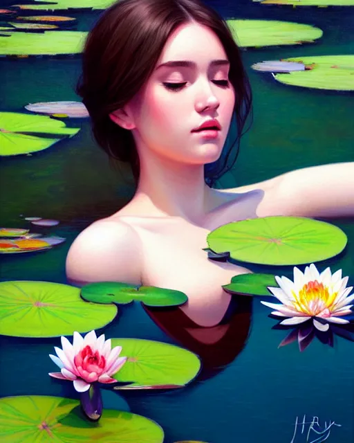 Image similar to stylized portrait of an artistic pose, composition, young lady sleeping in a pond, water lilies, flowers, one single head, realistic shaded, fine details, realistic shaded lighting poster by ilya kuvshinov, magali villeneuve, artgerm, jeremy lipkin and michael garmash and rob rey