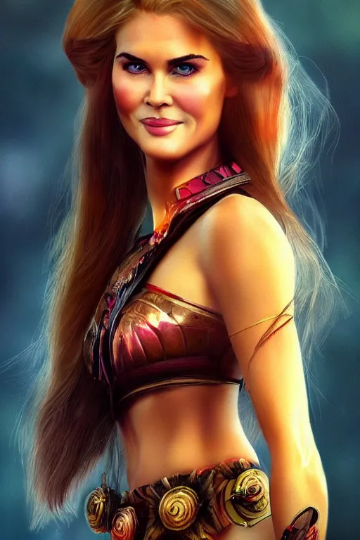 Image similar to mix of beautiful young maria shriver, mariel hemmingway, brooke shields, nicole kidman and elle macpherson as a young amazon warrior, thin lips, hair tied up in a pony tail, dark blonde hair, colorful, artstation, cgsociety