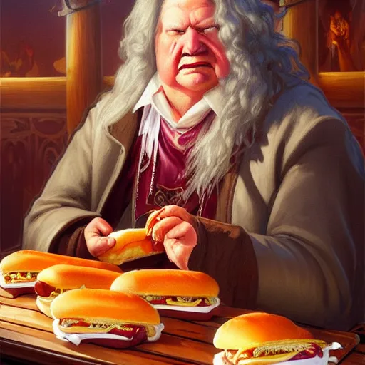 Image similar to William Penn eating Hot Dogs, dripping BBQ Sauce, serving big macs, D&D, spilling ketchup, fantasy, intricate, elegant, highly detailed, digital painting, artstation, concept art, matte, sharp focus, illustration, hearthstone, art by Artgerm and Greg Rutkowski and Alphonse Mucha