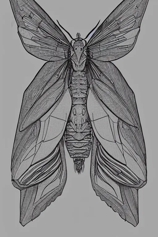 Image similar to very symmetrical!! full body illustrations of mecha, pen and ink, moderately detailed, concept art, moth, insect wing, artstation, deviantart, pinterest