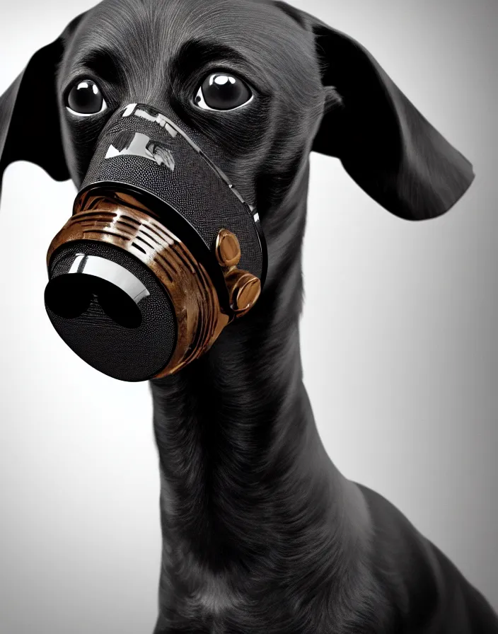 Prompt: photo of all black wiener dog wearing a gas mask. Trending on artstation, award winning. Octane render, 4k, 8k, unreal 5, very detailed, hyper control-realism, depth of field.