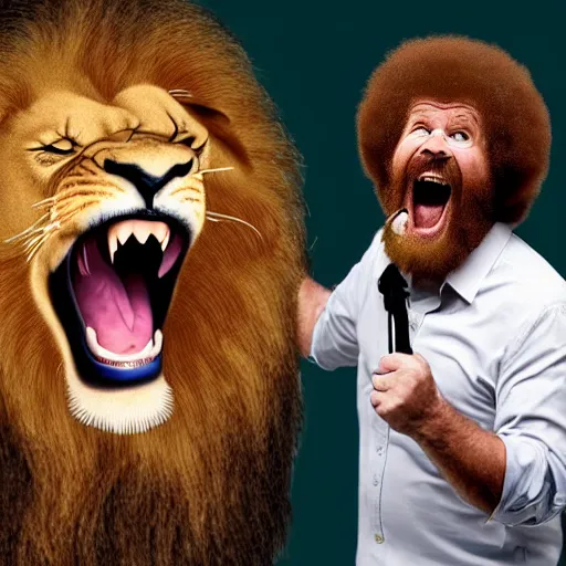 Image similar to bob ross screaming at a screaming lion screaming bob ross